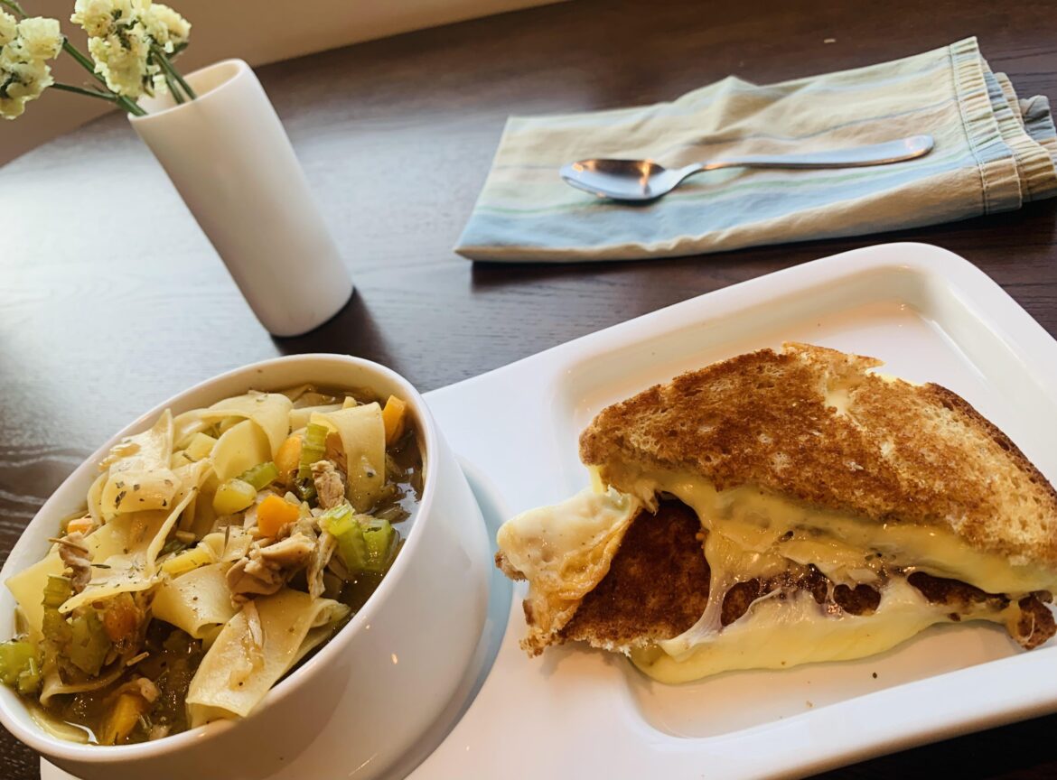 Mozz and pecorino Romano grilled cheese with chicken noodle soup