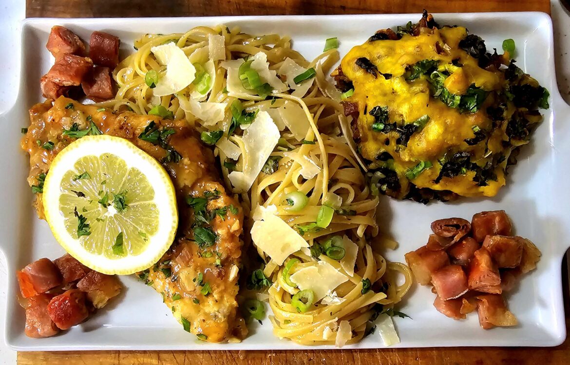 Chicken Francese & Asparagus/Bacon Stuffed Portobello