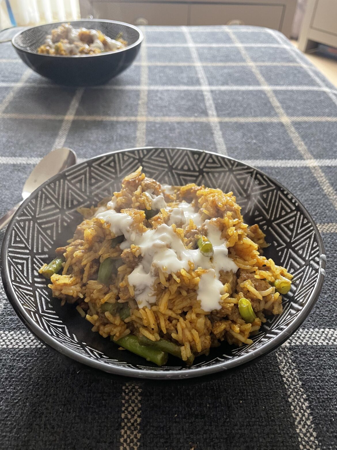 Spiced Pork Pilaf and Mango Chutney with Green Beans and Yoghurt