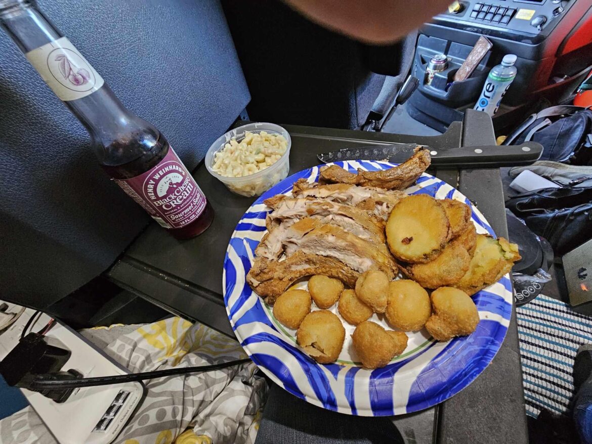 Slow Cooked Pork Ribs with Fried Zuchini, Mushrooms and Hawaiian Style Macaroni Salad done in a semi during my work day.