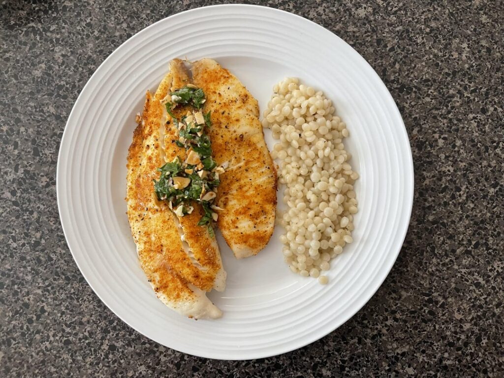 Tilapia with Almond Parsley Gremolata, Yum!! Review Below ⬇️