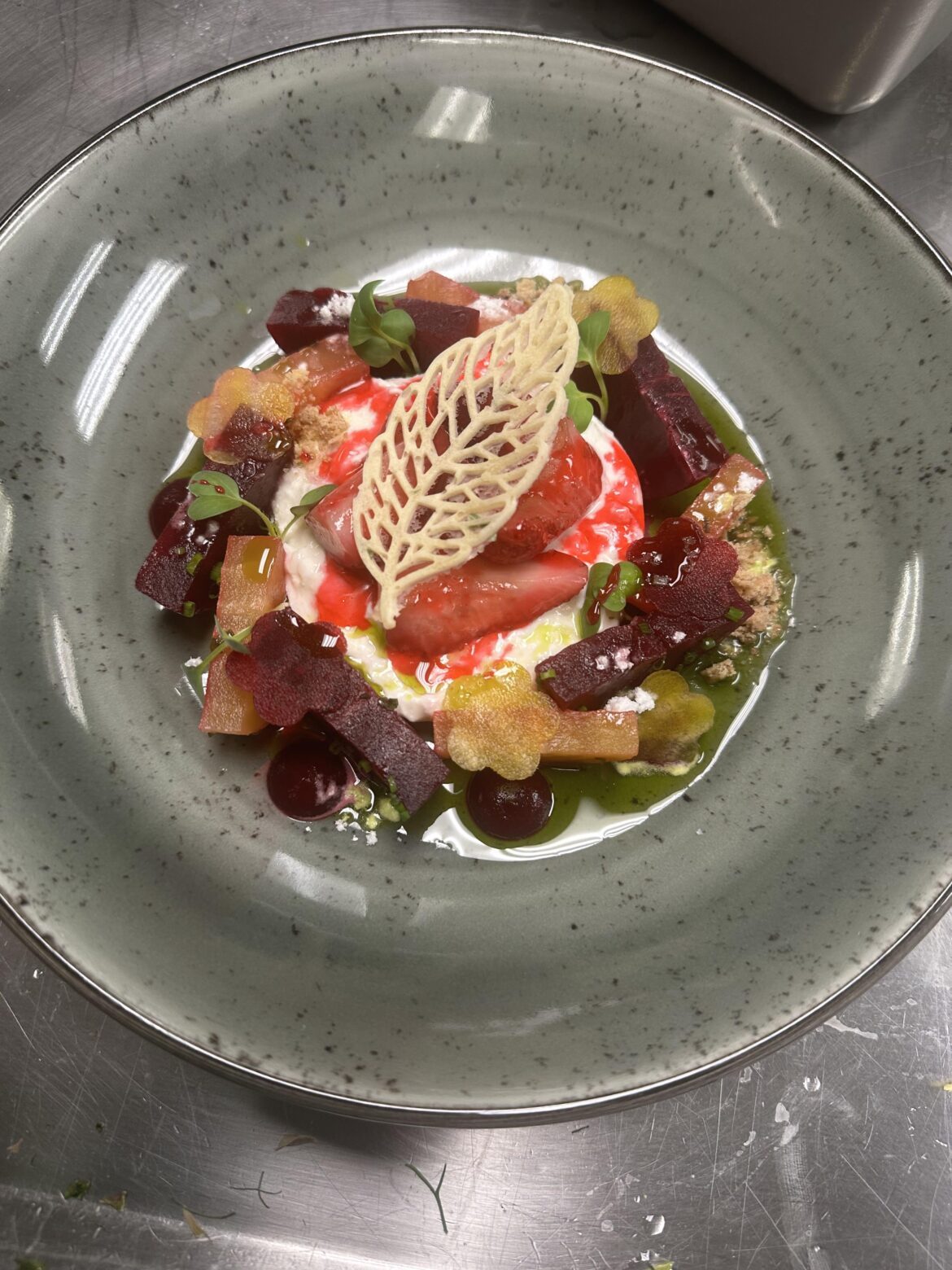 Burrata, beetroot, macerated strawberries, olive oil crumble, lavender syrup