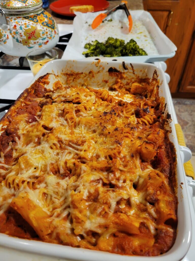 Sausage stuffed baked ziti.