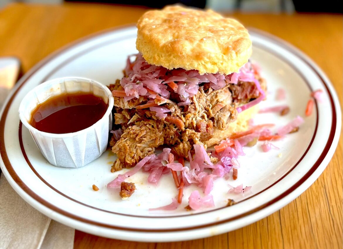Smoked BBQ pull pork biscuit sandwich