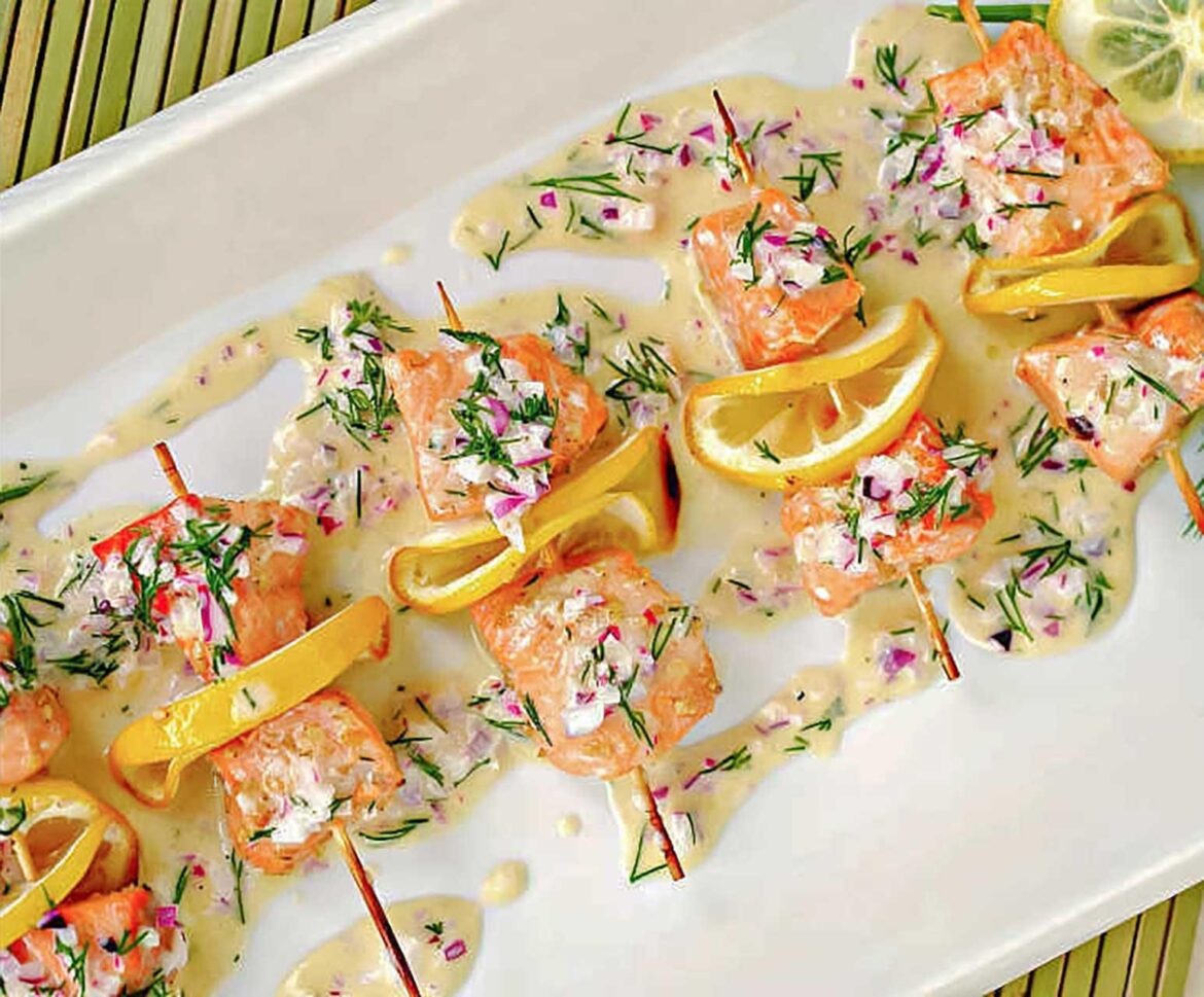 Salmon Pops With Piquant Dill Sauce - The recipe couldnt be simpler or quicker to prepare yet is deceptively impressive in flavour and appearance
