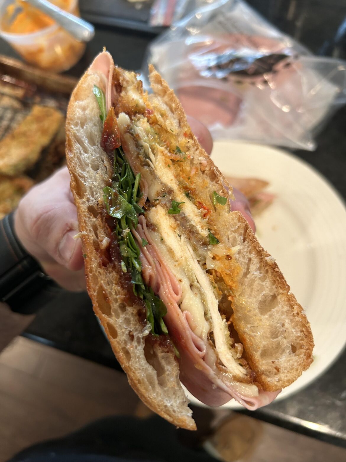 Homemade Chicken Cutlet, Mortadella, and  Mozzarella on Ciabatta