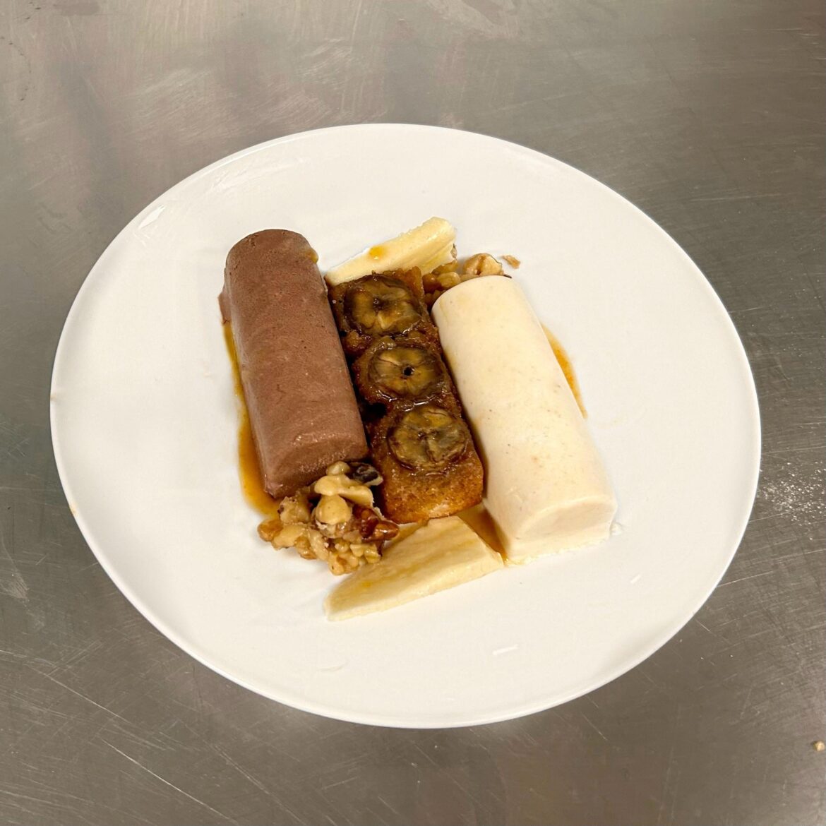 Banana 5 Ways: Caramelized Banana Upside Down Cake, Banana & Maple Parfait, Chocolate, Banana, & Peanut Butter Mousse, Miso Banana Caramel Sauce, Maple Candied Walnuts, Fresh Banana 🍌