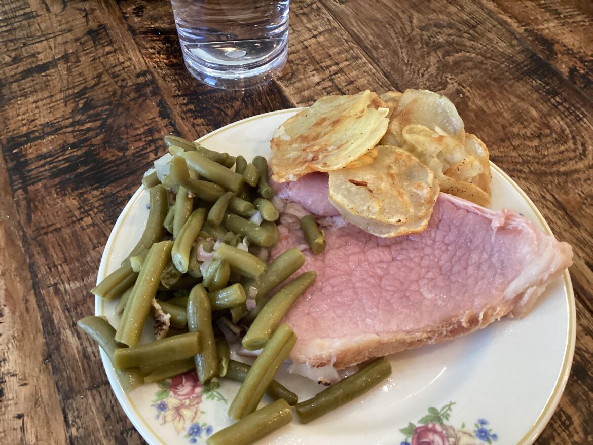 Aldi’s ham slice, mandoline cut potatoes fried in avocado oil, and canned green beans with chopped fried bacon and chopped onion
