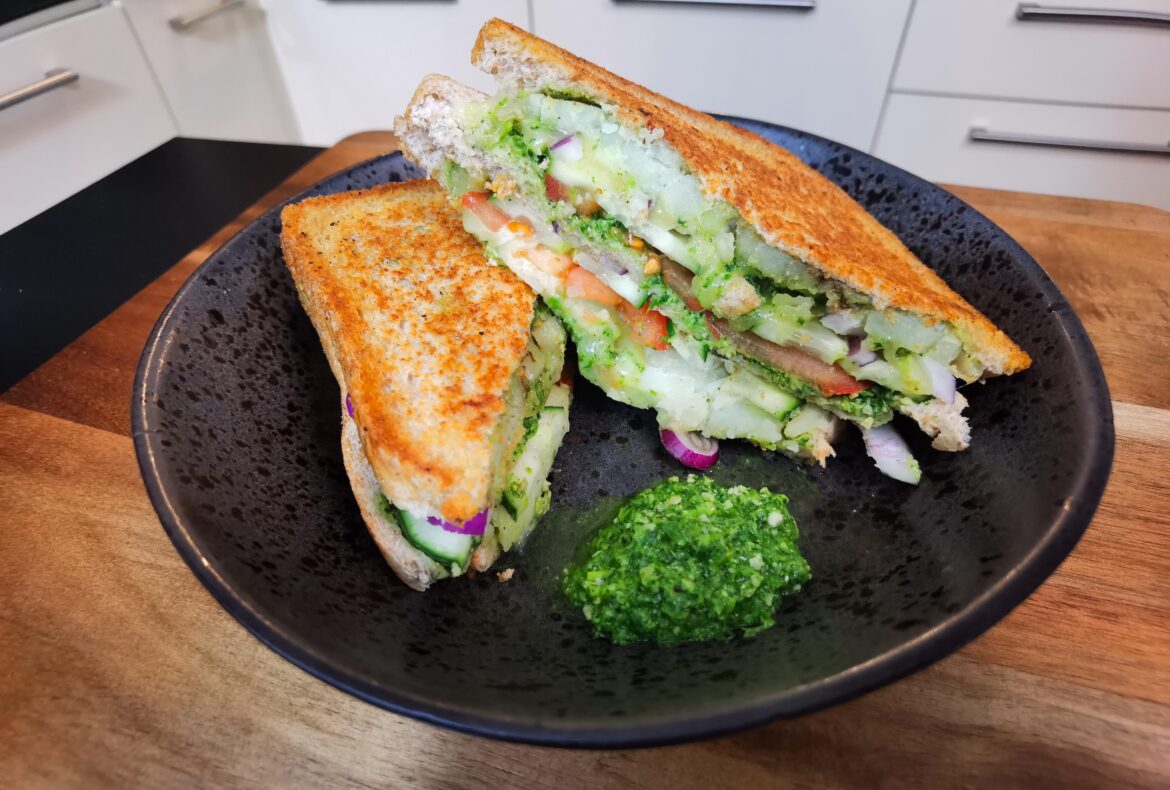 Stacked Bombay Sandwich w/ Coriander and Mint Chutney