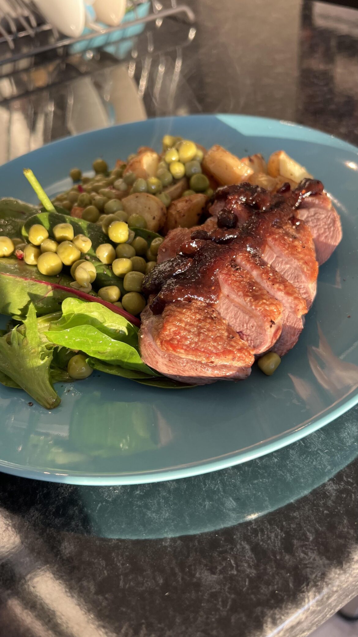 Fig jam glazed pan-seared duck breast