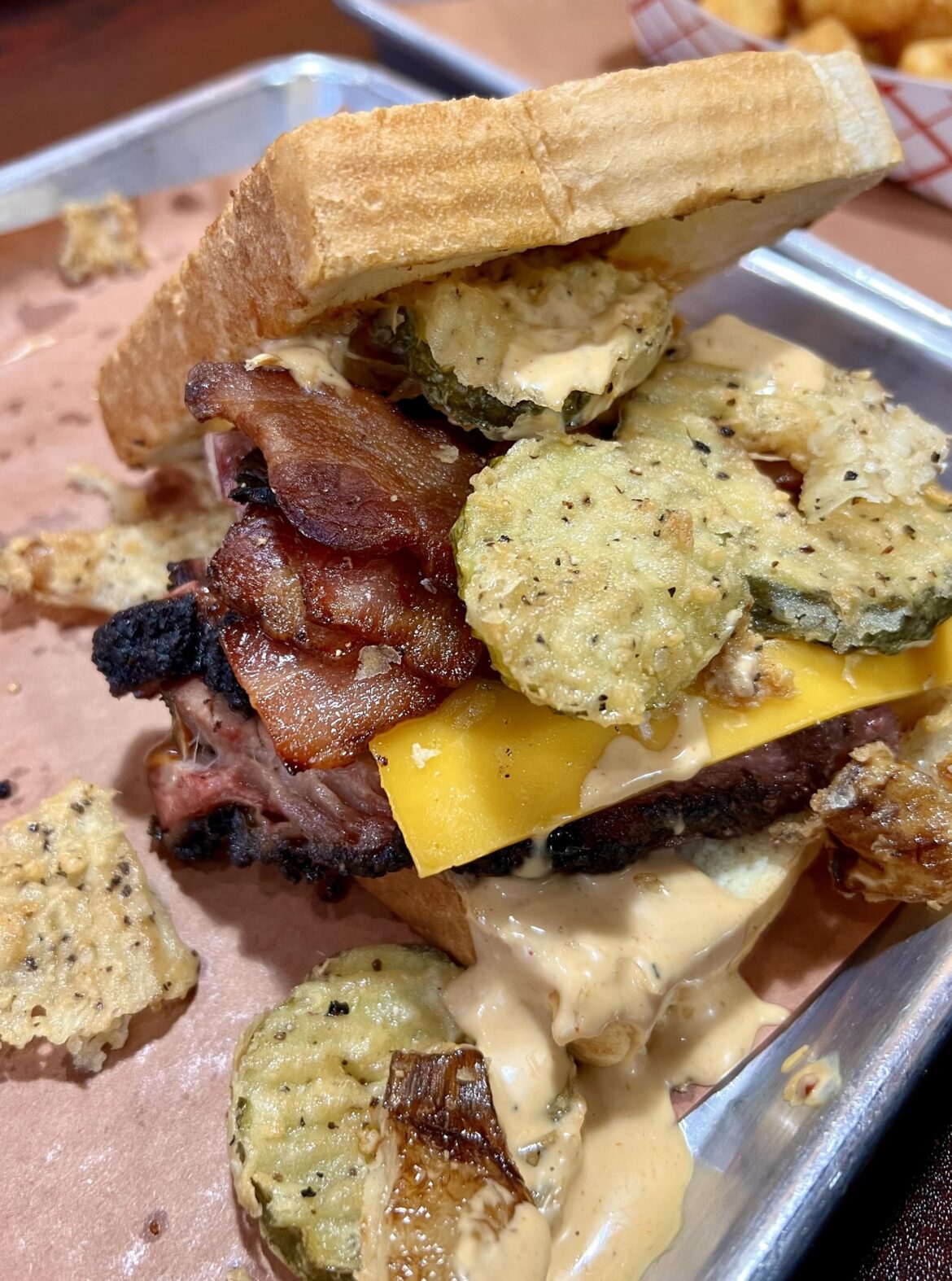 Texas Home Wrecker- Brisket, Bacon, Cheddar, Fried Onions, Fried Pickles