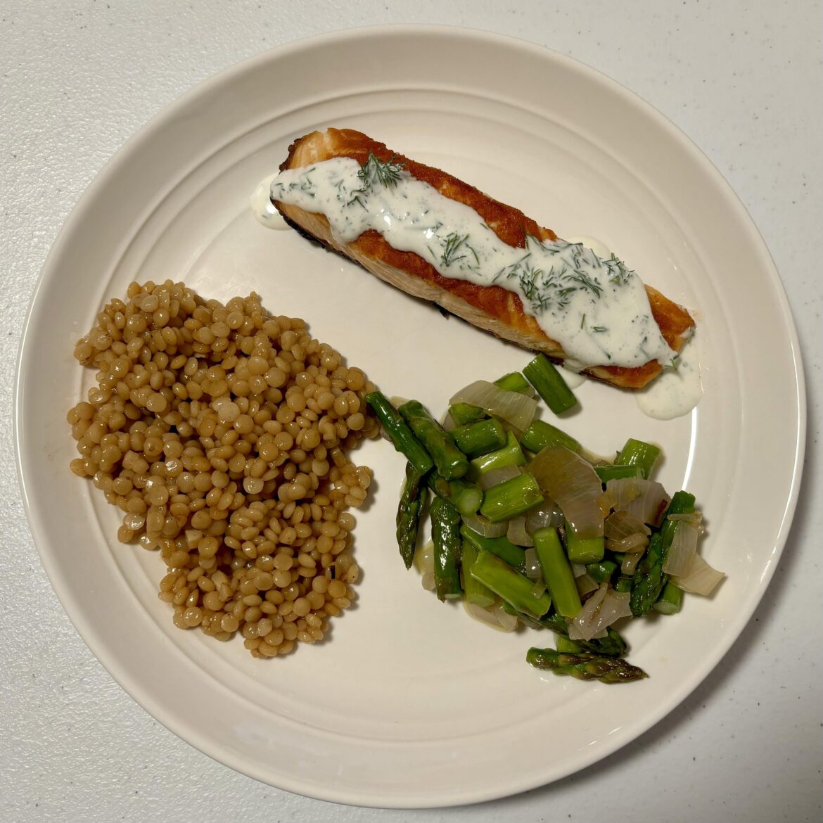 Salmon with Dilly Crème Fraîche & Asparagus