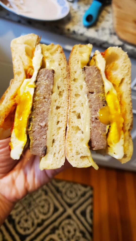 One hand breakfast sandwich.