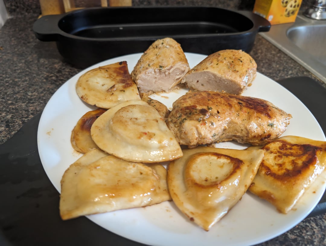 Southwest style chicken breast with loaded baked potato perogies ...