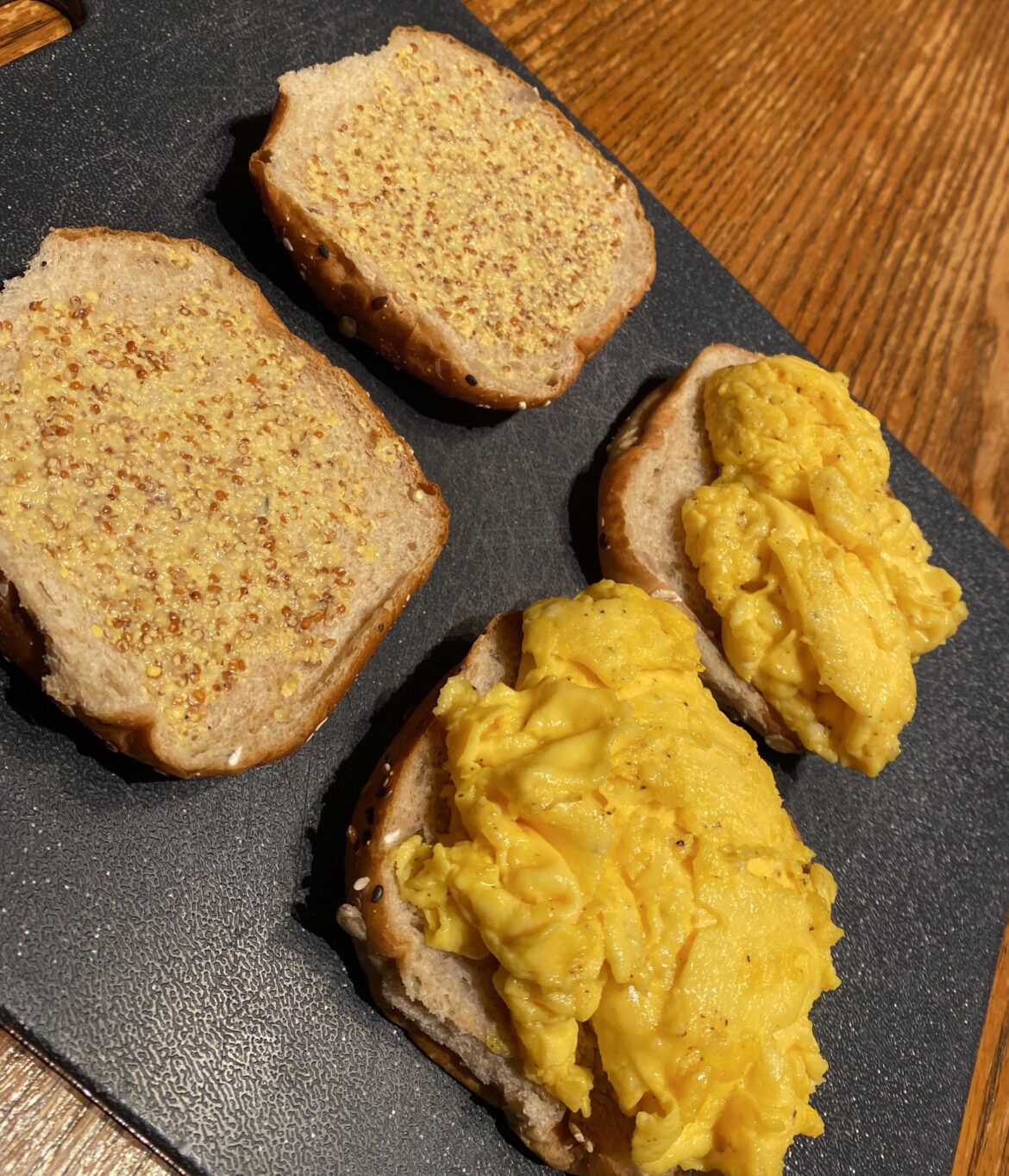 If there was only one kind of sandwich I could eat for the rest of my life, it’d be the egg. It’s good at any time and I just don’t get tired of it. Pasture raised eggs scrambled in organic butter with cheddar, salt and pepper. Laid between Dave’s buns with stone ground mustard.