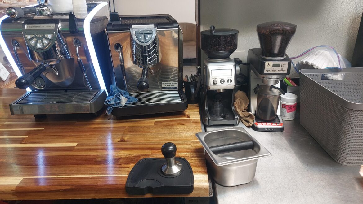Hello and welcome to my own personal hell. This is our WORK set up. This is a "coffee shop".