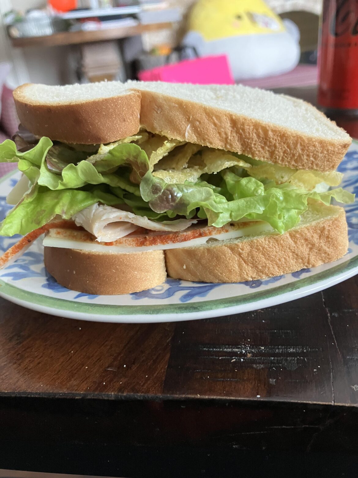 Power has been out for 18 hours here from yesterdays snow storm. It’s really cold in the house so the fridge stayed cold for a long time but I started trying to eat up the deli meat I had. Cajun Turkey and Swiss with lettuce and sour cream and onion chips. And brown mustard. Had two of them.