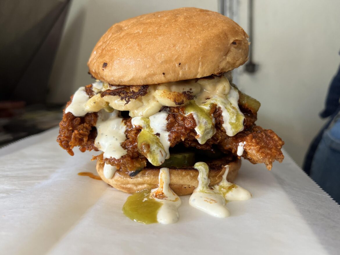 My fave recent one. 4/20 special hot chicken sandwich-hot chicken, griddled Mac n Chz, spicy ranch, pickle hot sauce, pickles.