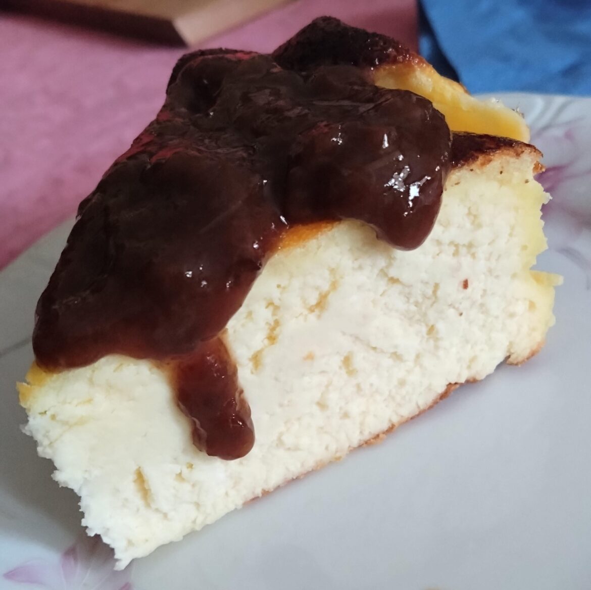 Basque style cheesecake with rhubarb jam