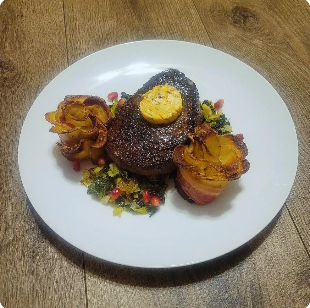 Filet Mignon, Potato Roses, Brussels Sprouts-Kale sauteé.