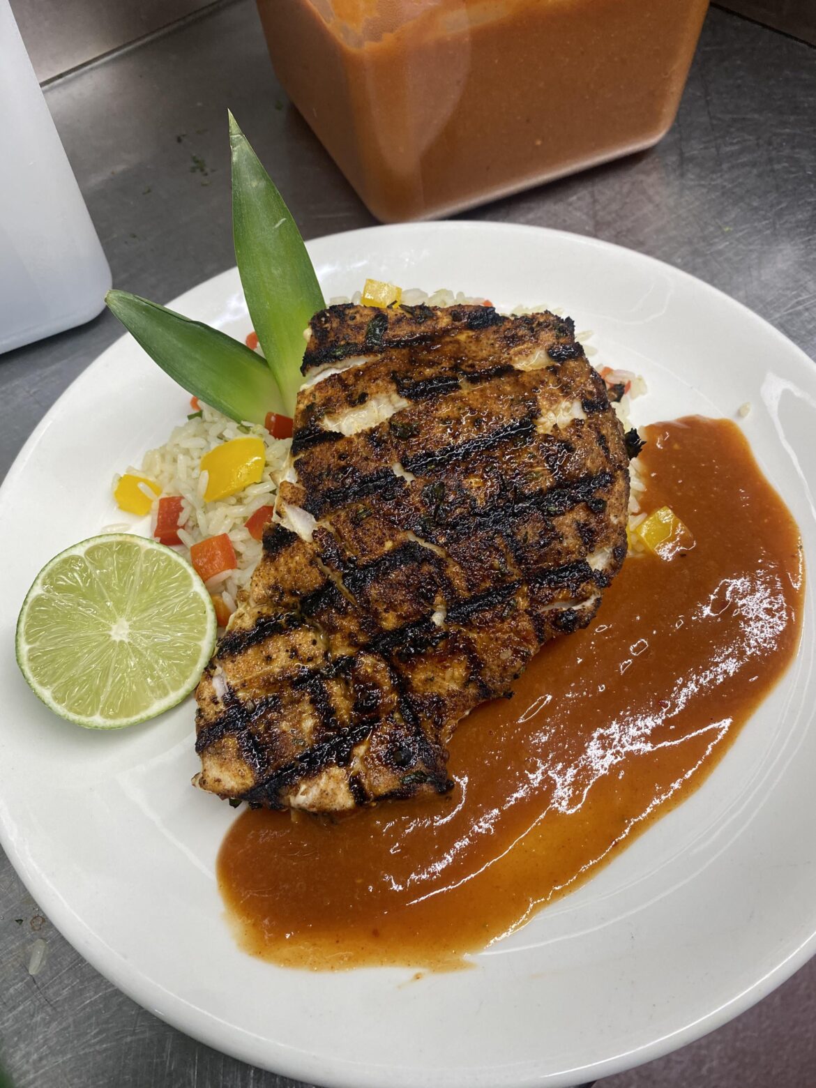 Jamaican jerk swordfish, coconut lime rice, mango bbq