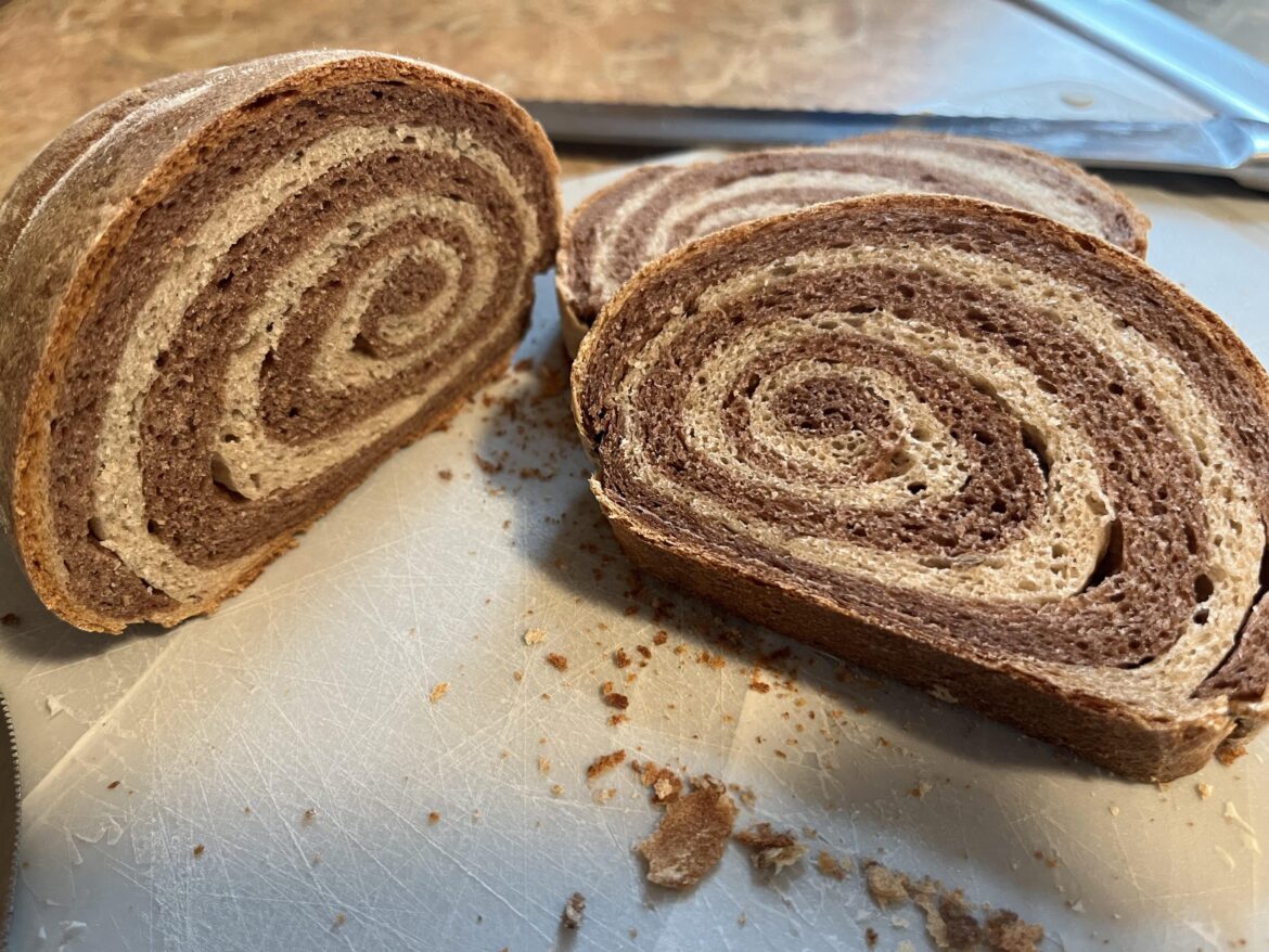 My husband’s first attempt at my favorite bread- a swirled rye!
