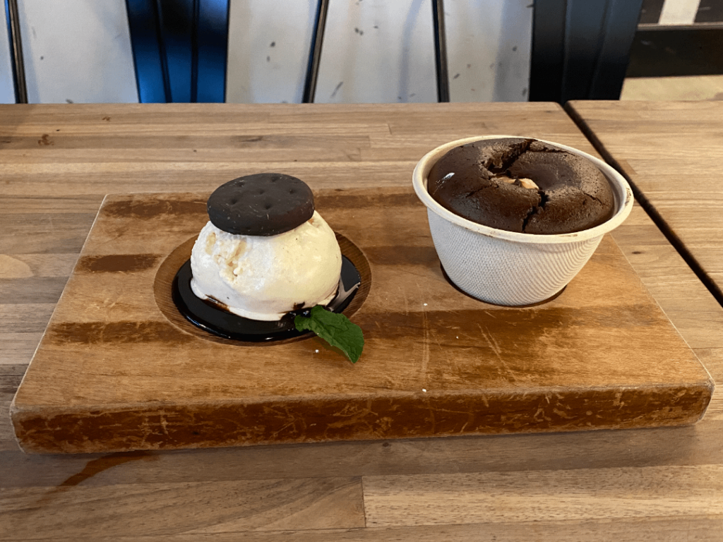 ice cream in a groove in a wooden slab