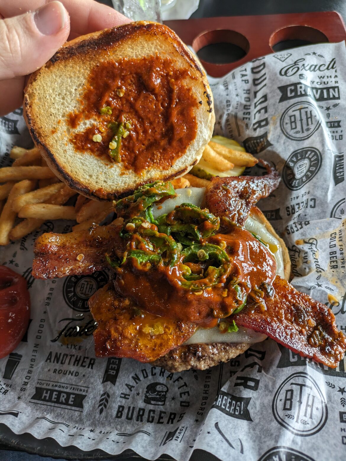 "Reaper" burger from Boulder Tap House. Heat was 4-5/10, but flavor was 9/10. Would recommend