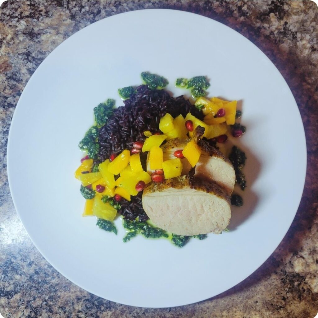Pork Tenderloin, Forbidden Rice, Pineapple-Papaya Salsa, Chimichurri.