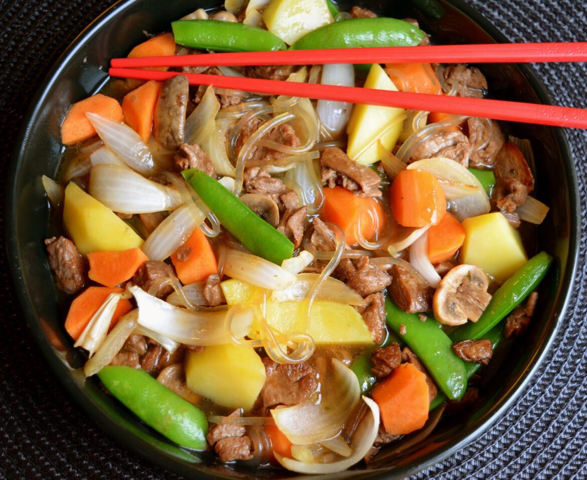 376 cal, 28 g protein. Nikujaga (Japanese "meat" and potato stew.) So good and easy to make.