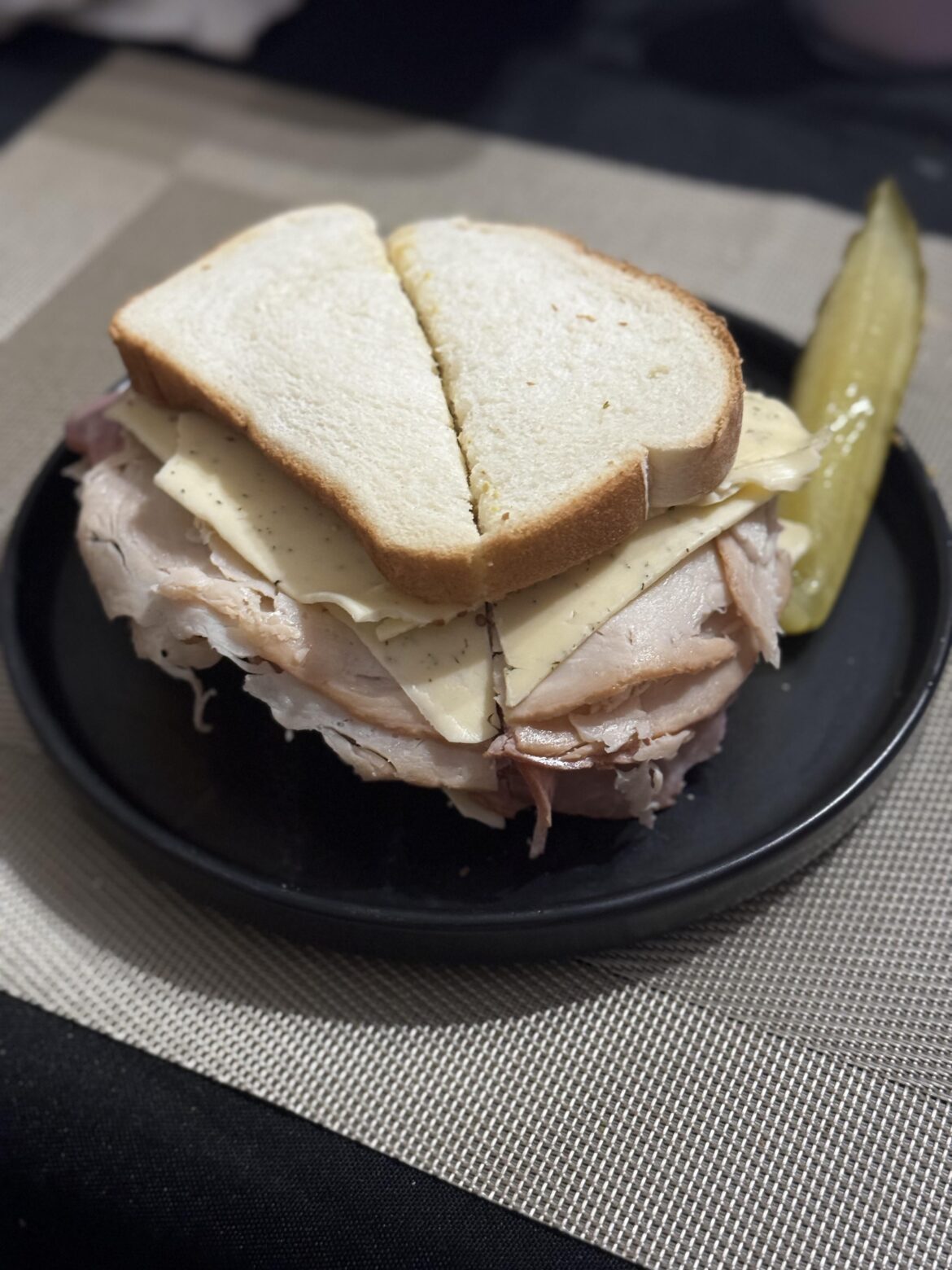 Stacked honey turkey & ham sandwich with havarti dill cheese (mayo, and whole seeded maille mustard)