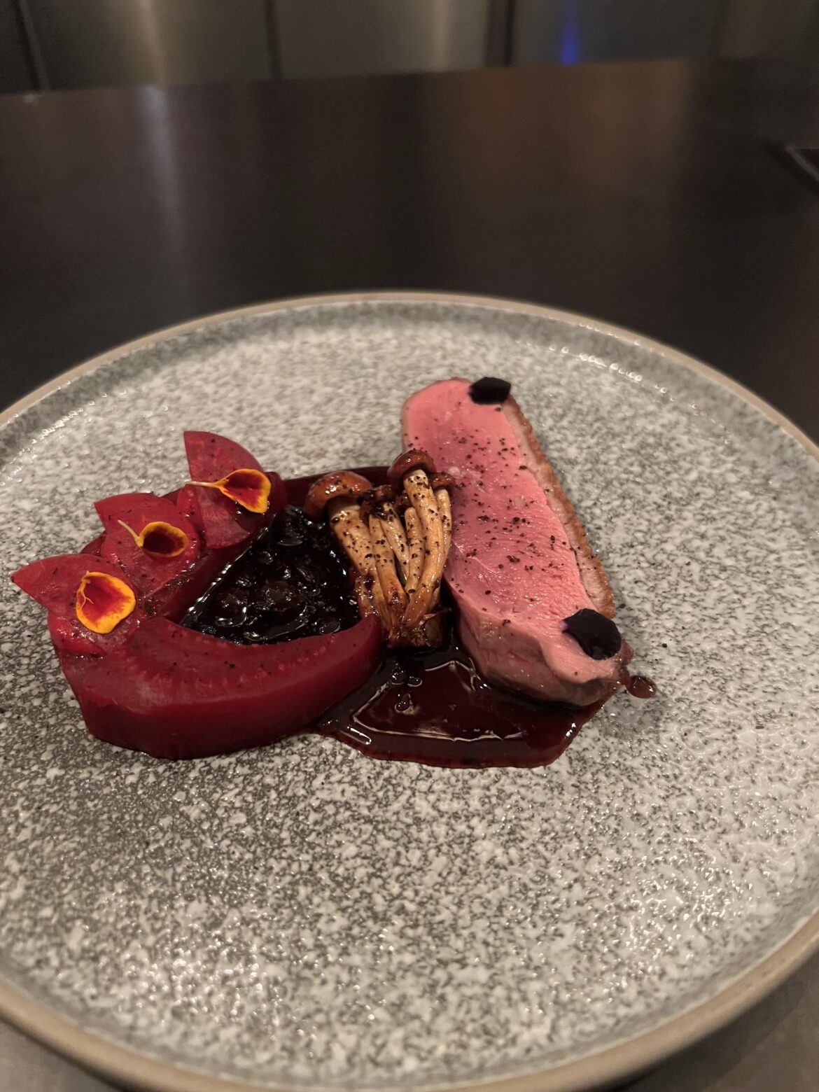 Duck Breast, chestnut mushrooms, beets, red currant jus