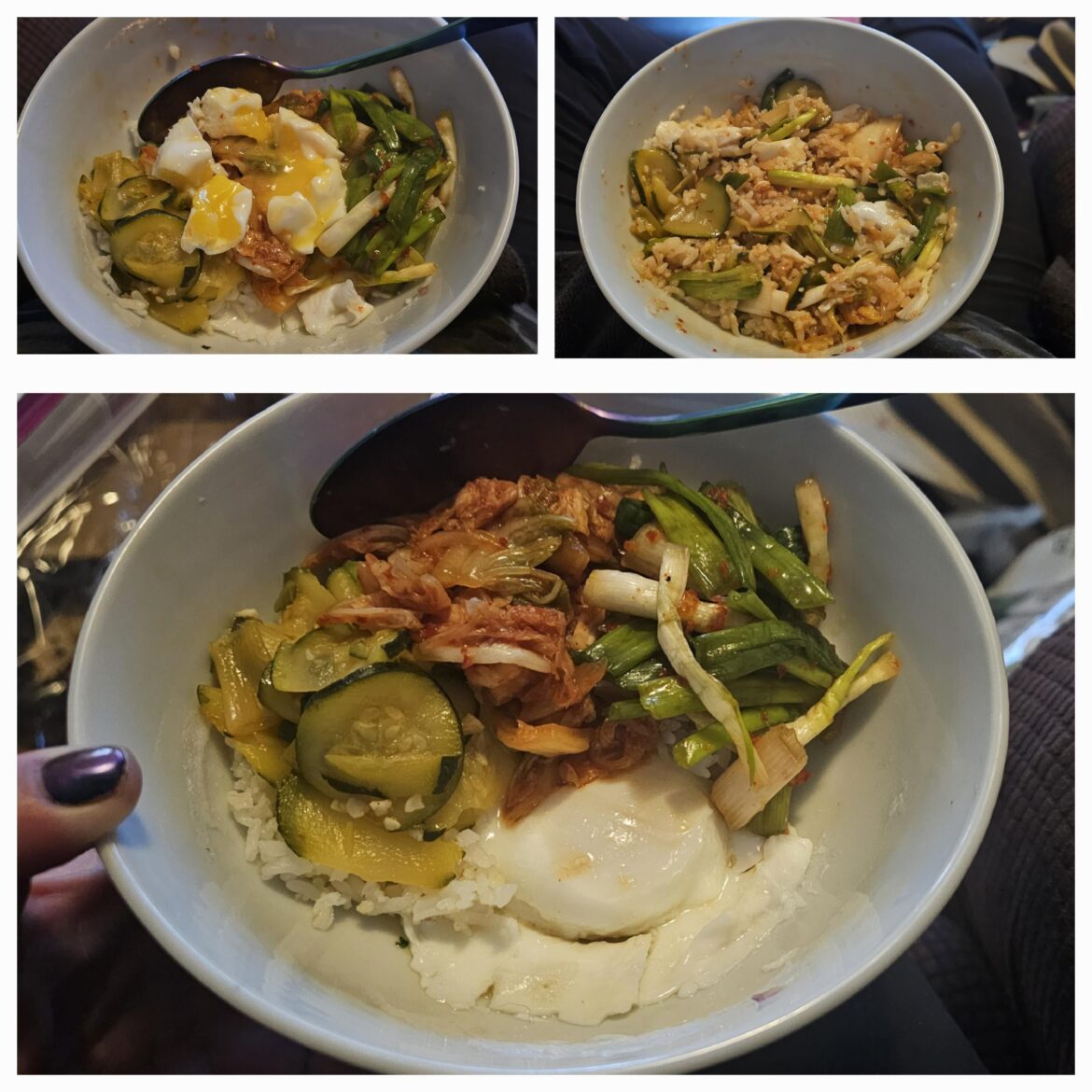Thanks to someone posting stir fried zucchini (호박 볶음), I was inspired to make bibimbap with kimchi, stir fried zucchini and green onion kimchi.