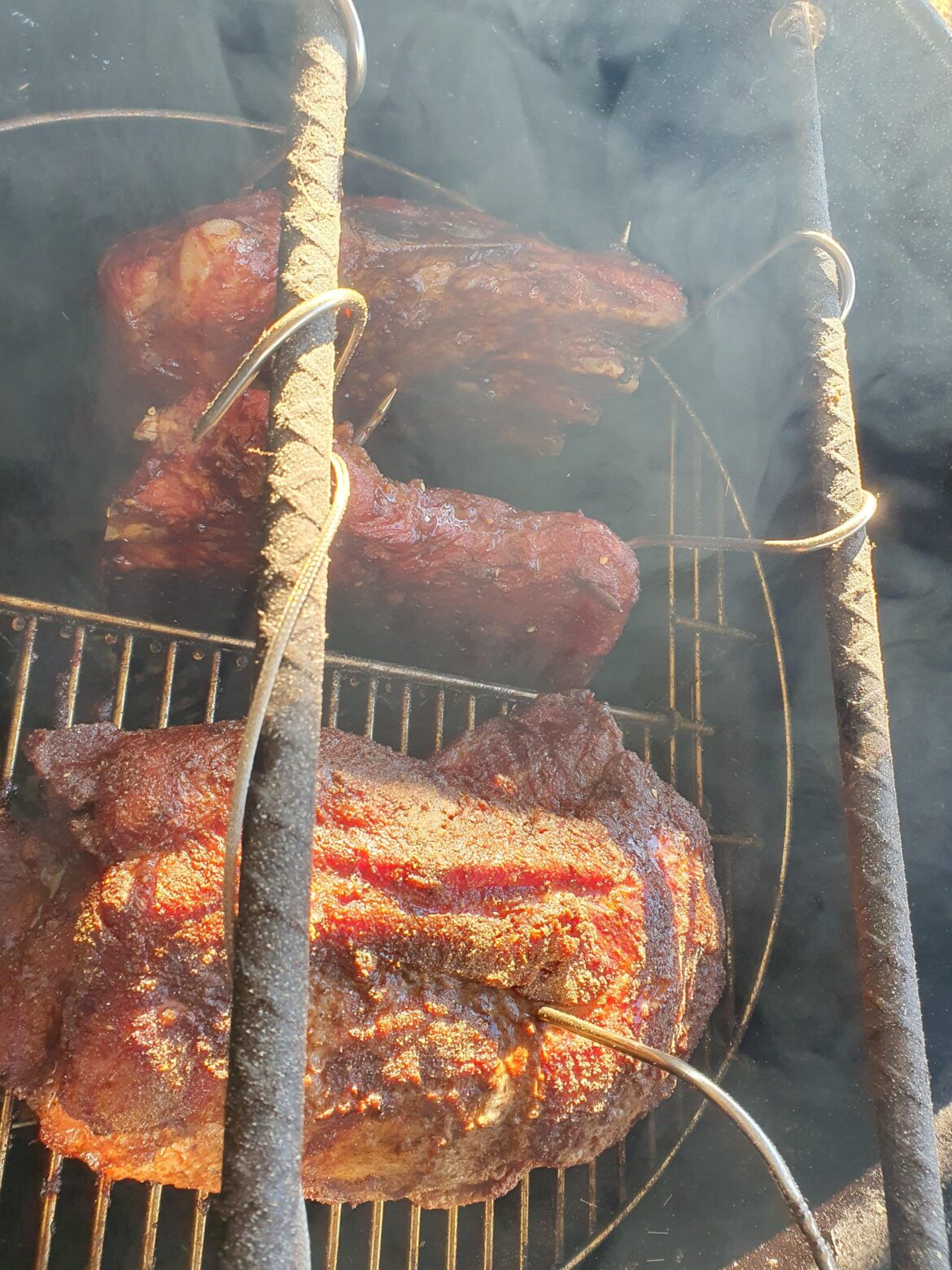 yakatori ribs and pork collar butt over cherry wood on PBC