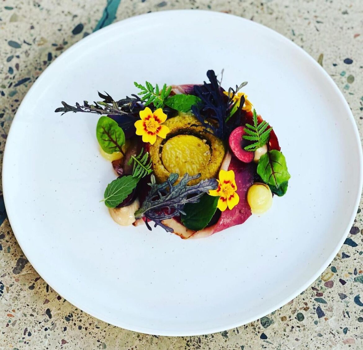 Pistachio Financier-Pineapple Upside Down Cake/Duck Prosciutto/Savory Pineapple Curd/Herbs & Leaves