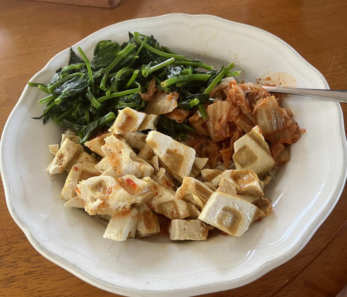 Waffle Iron Tofu, Marinated Greens, Brown Rice, and Kimchi Waffle Iron Tofu, Marinated Greens, Brown Rice, and Kimchi
