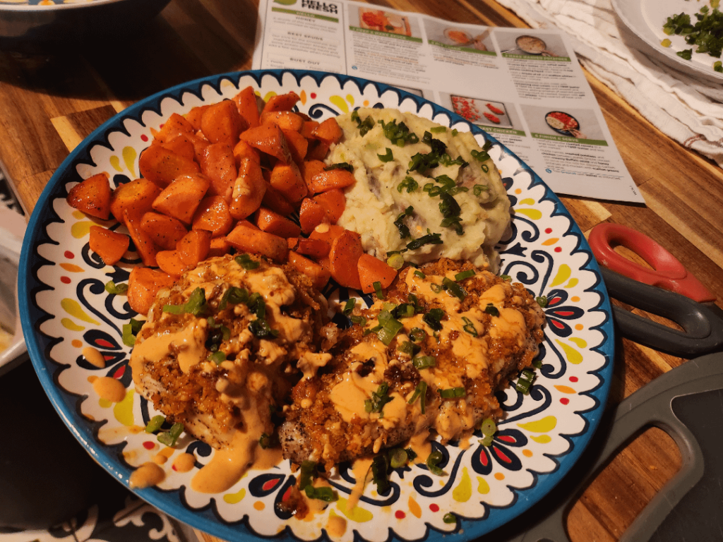 Franks redhot chicken, mash potatoes and carrots
