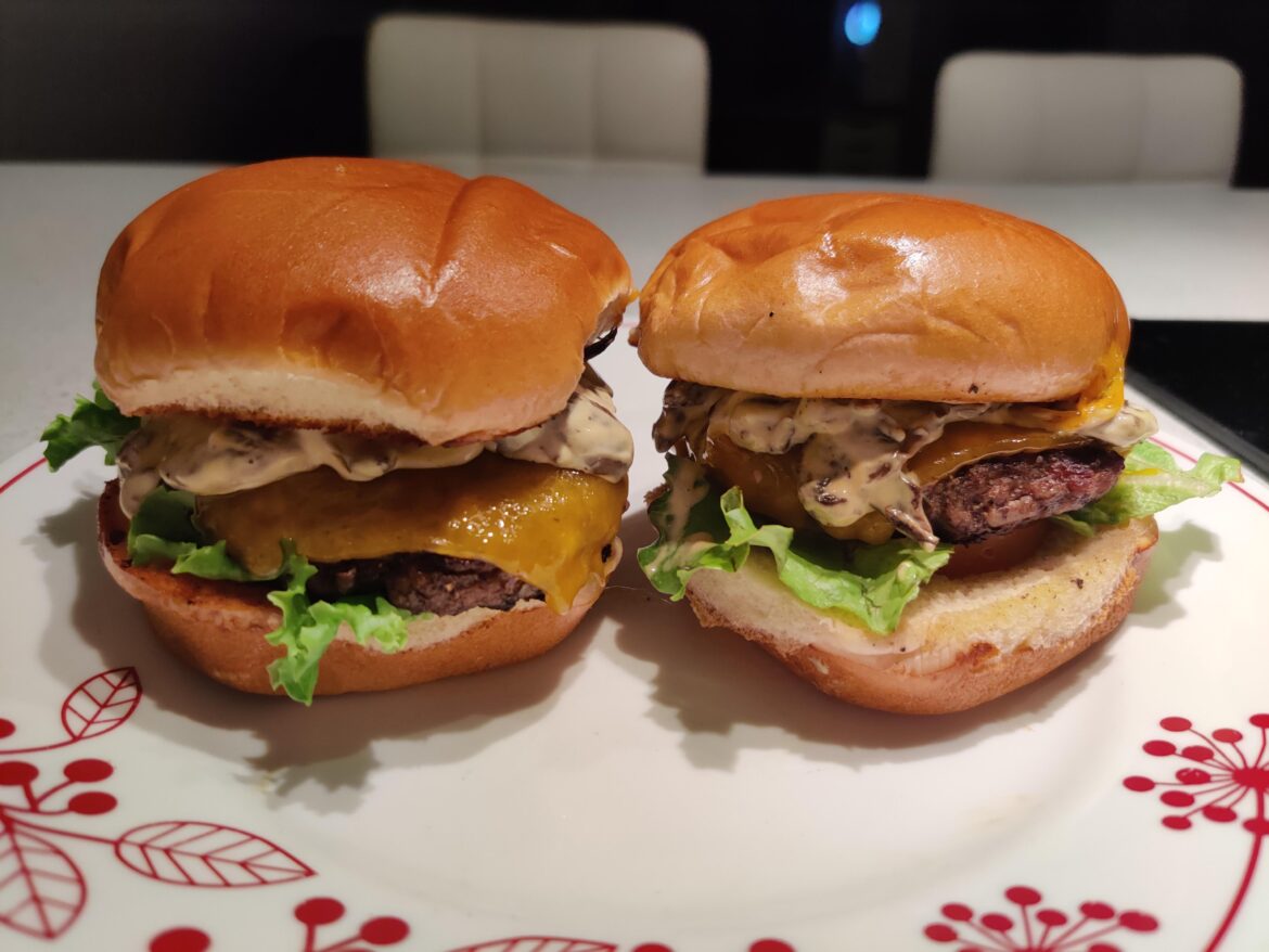 Mushroom topped burgers I made last night. I regret not having a beer with them.