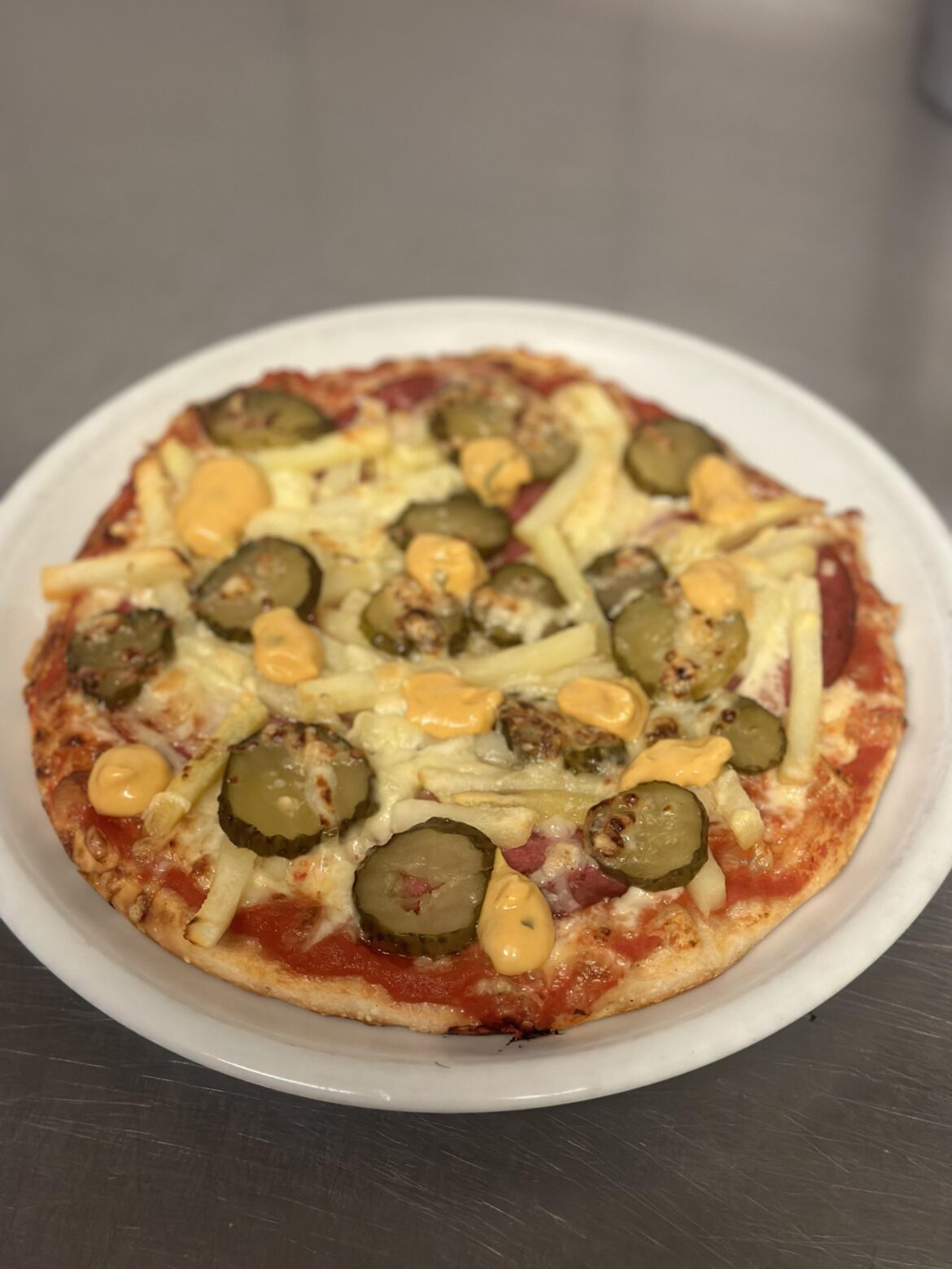 I made a pizza with pickles, salami, fries and burger sauce as dip