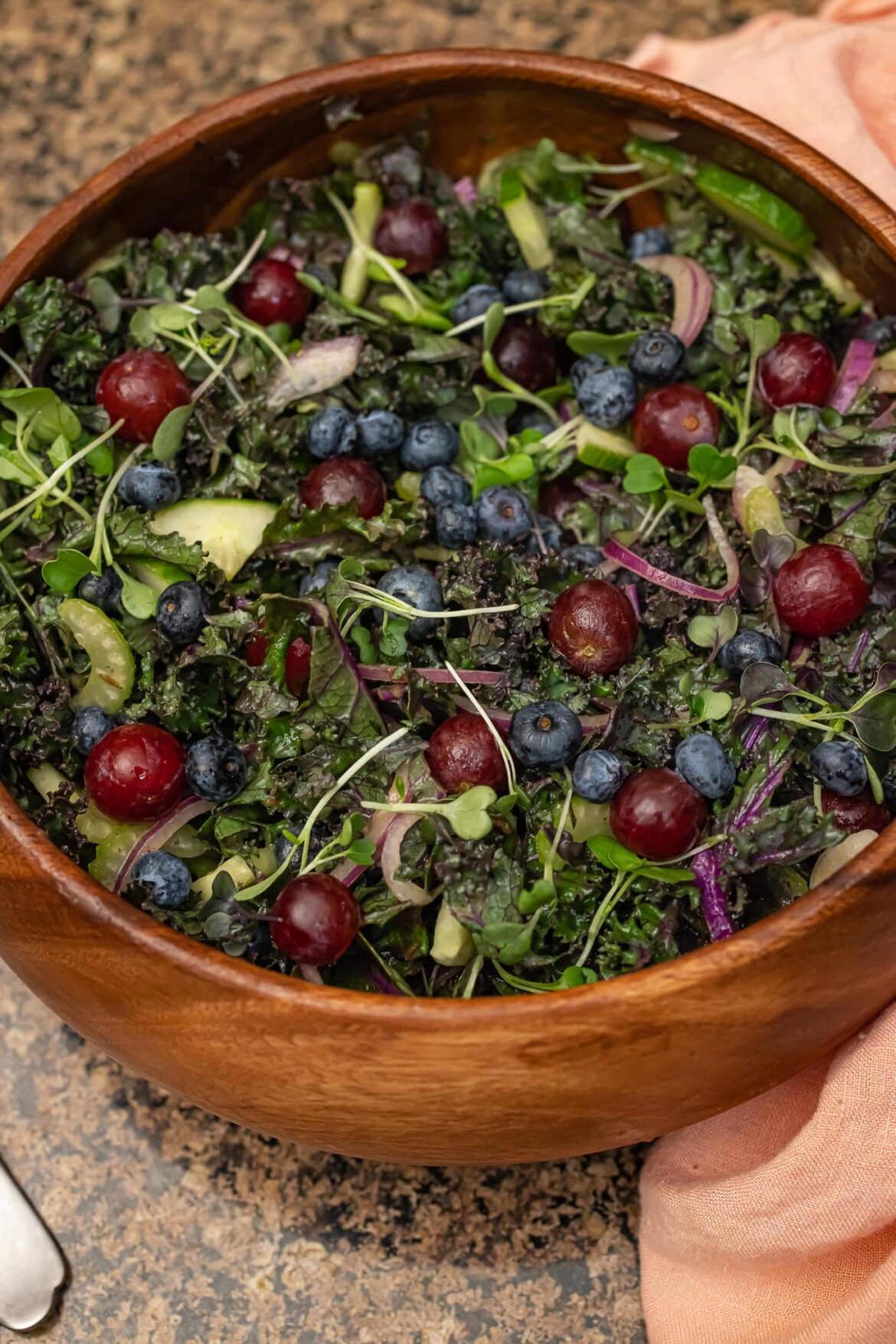 Kale Salad with Blueberries and Grapes - WFPBNO - 268 Calories