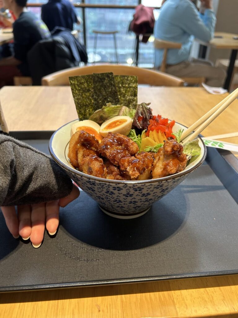 japanese karaage (fried chicken) ‘mini’ rice bowl — white rice, lettuce, pickled radish, seaweed, 1 egg, fried chicken. japanese karaage (fried chicken) ‘mini’ rice bowl — white rice, lettuce, pickled radish, seaweed, 1 egg, fried chicken.