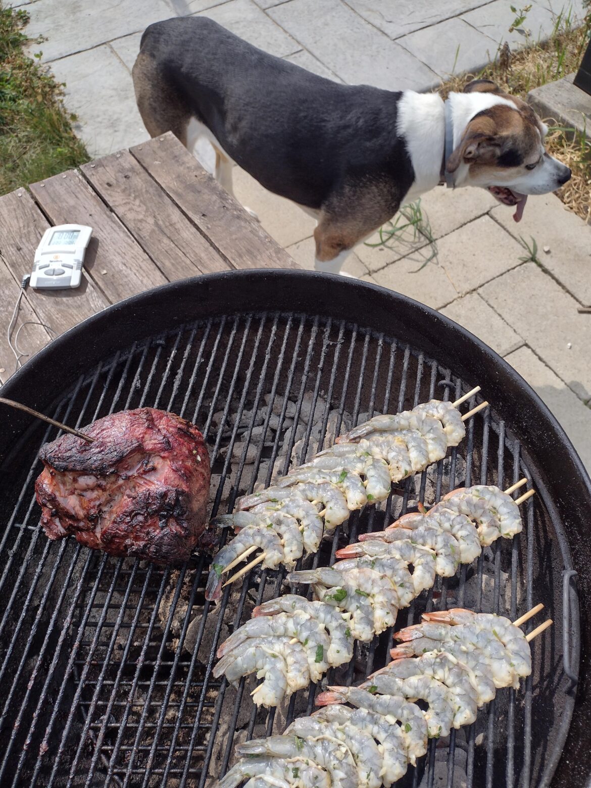 Boneless leg of lamb and shrimp on the barbie