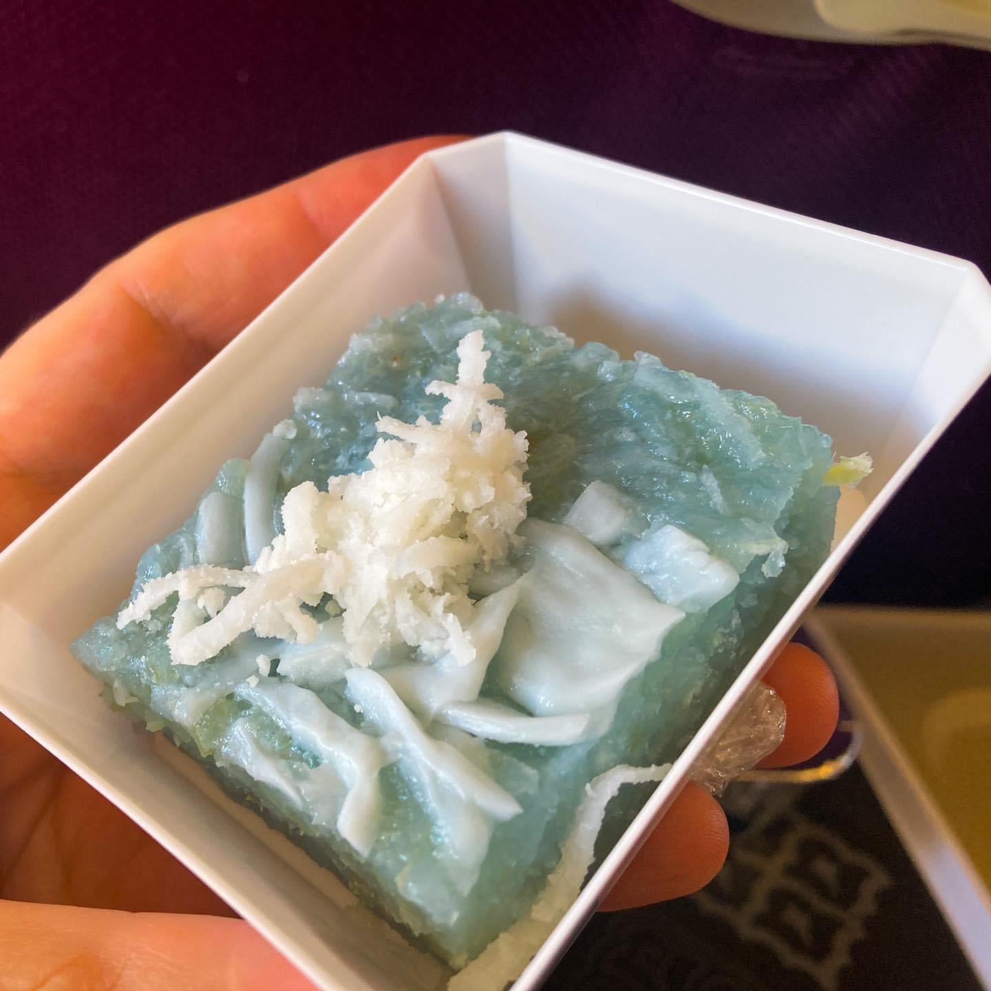 This light blue, gelatinous looking dessert from Thai Airways was ...