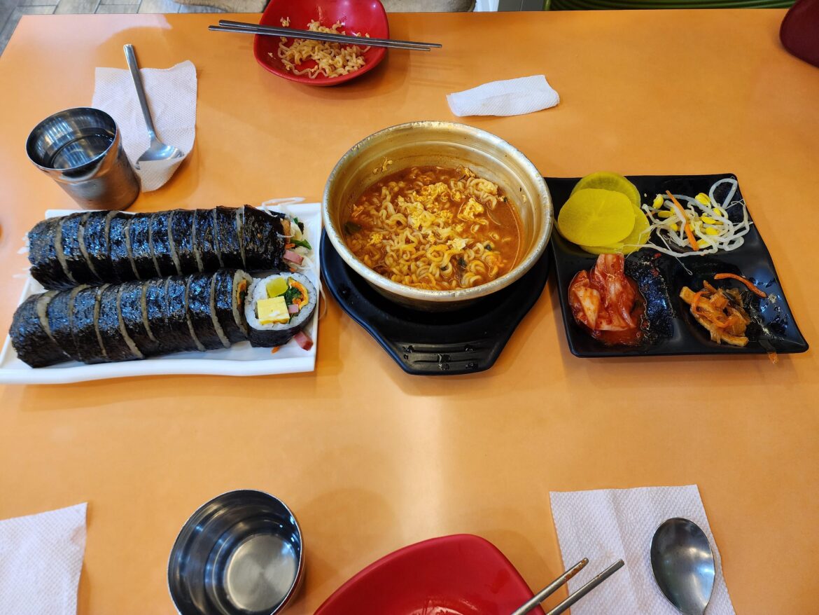 Kimbap and ramyeon at the bunshik!!! So yummy. We got cheese kimbap and donkasu pepper kimbap