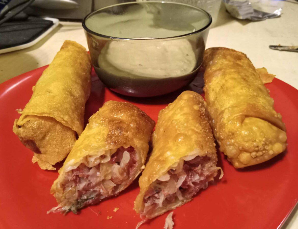 Pastrami Reuben Egg Rolls? <wince> With a horseradishy Russian dressing dip.