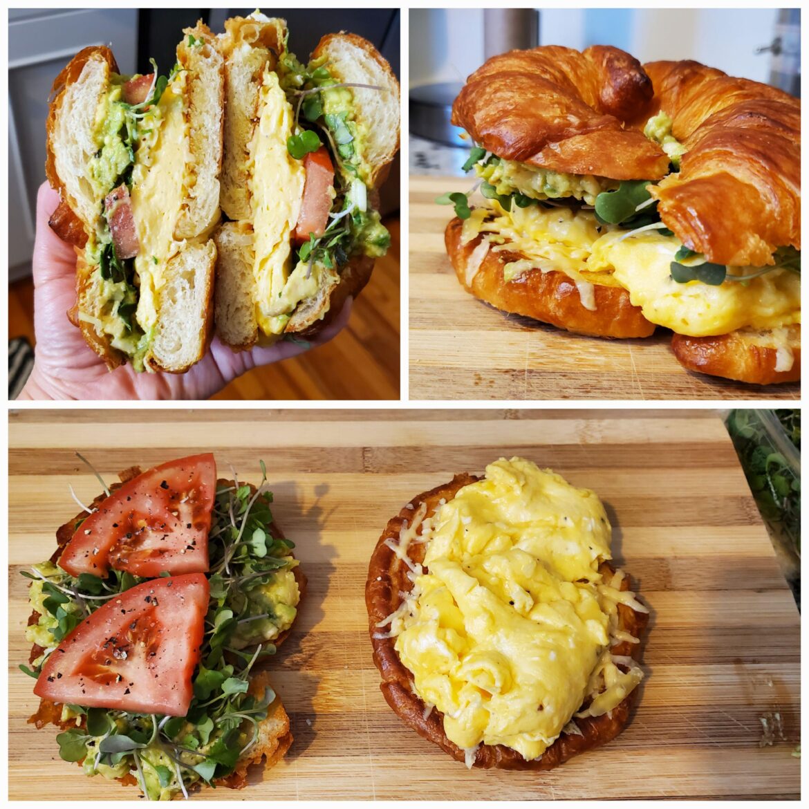 Scramble egg croissant breakfast sandwich with guacamole, gouda cheese, tomatoes and micro greens.
