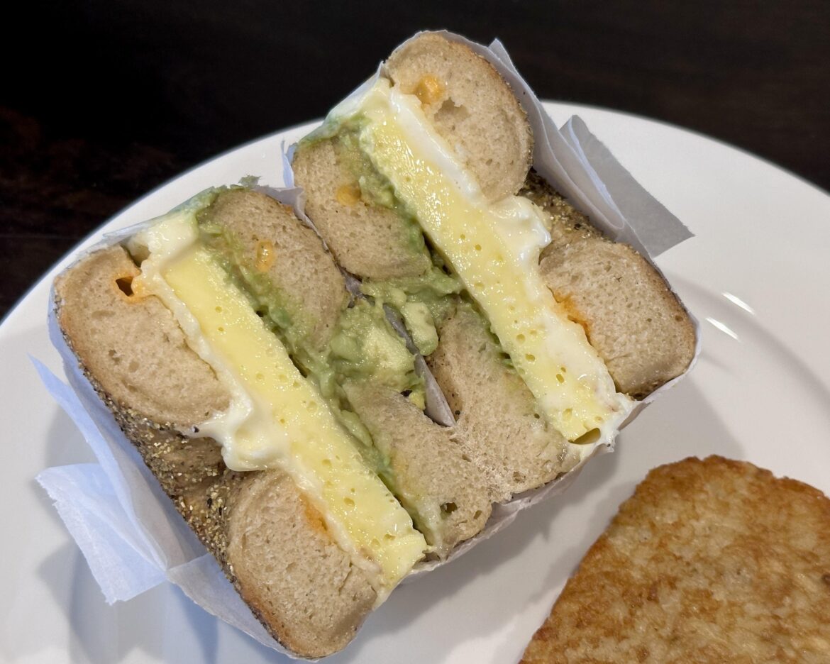 Egg and cheese with spicy sauce on Za’atar bagel with avocado from Philly Style Bagels