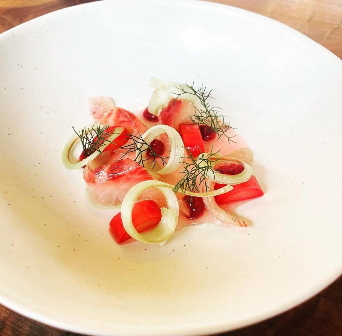 Crown Toro/Honey Vinegar Poached Rhubarb/Rhubarb-Hibiscus Purée/Chamomile Ponzu/Wild Fennel