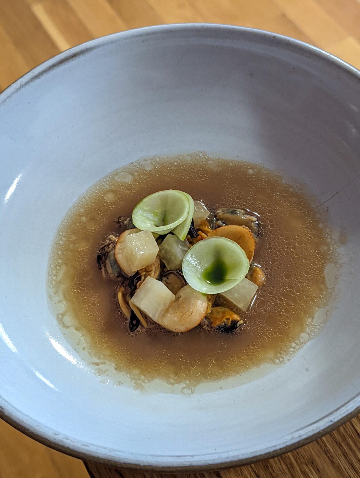 Mussels with kohlrabi two ways and fried rice cakes