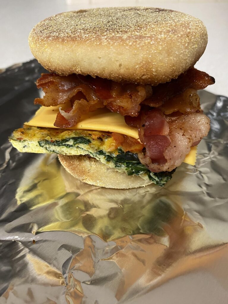 Spinach & tomato frittata bacon breakfast sandwiches